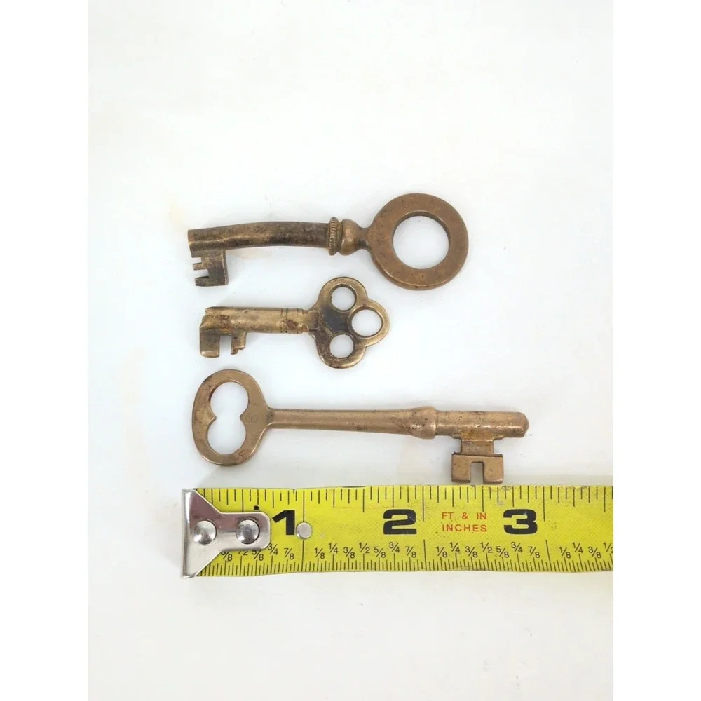3 Vintage Solid Brass Skeleton Key Open Barrel